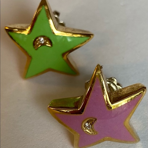 Solid 18KT Yellow Gold with Enamel Star Swiss earrings with Diamond Moons - Picture 1 of 9